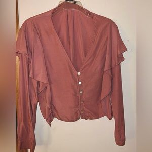 Zara TRF V-Neck button up ruffled shoulder blouse